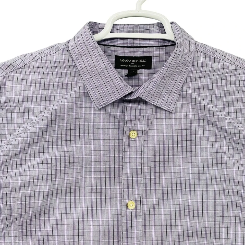 Banana Republic Mens XL NonIron Tailored Slim Fit Purple Check Button Down Shirt